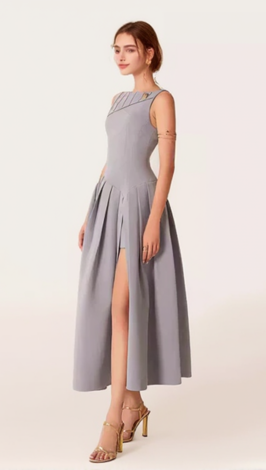 SLEEVELESS PLEATED SLIT MIDI DRESS IN GRAY
