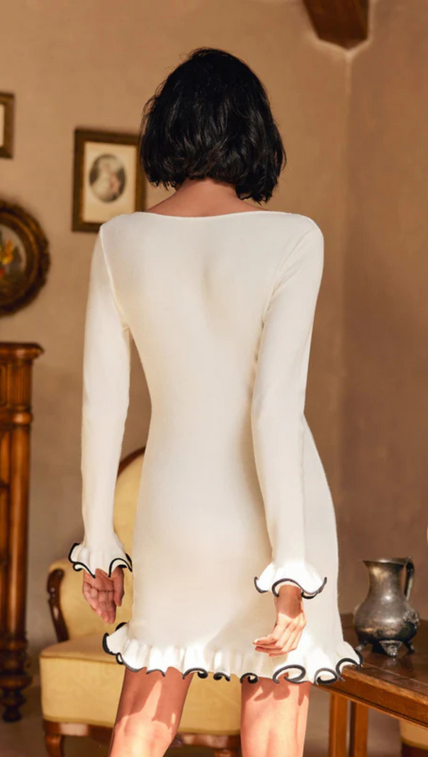 AIIZIE TIONNE LONG SLEEVE RUFFLE KNITTED MINI DRESS IN WHITE - product image