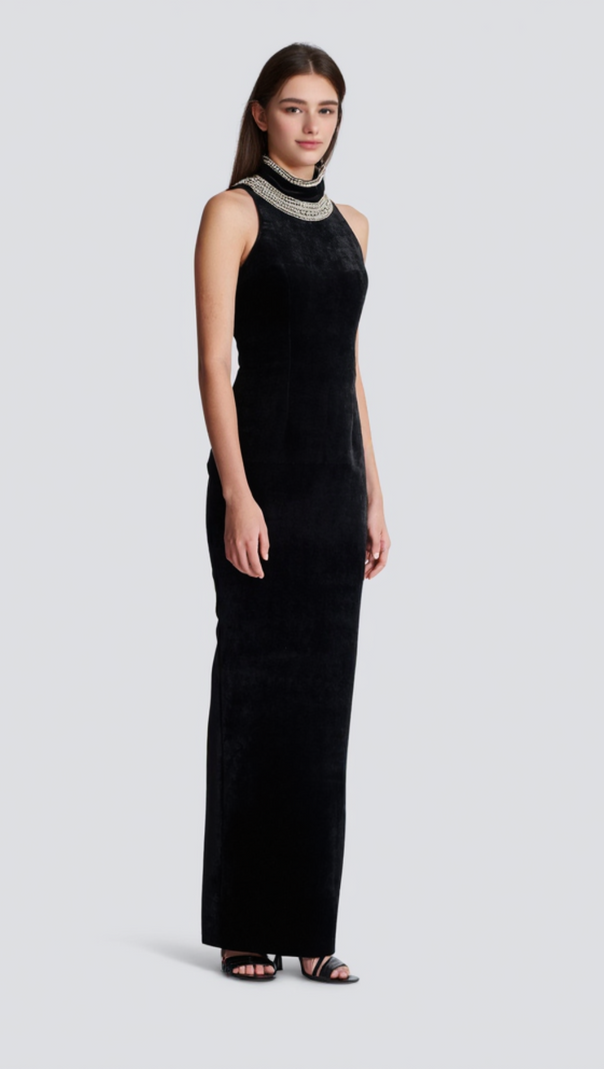 AIIZIE EMBROIDERED VELVET HALTERNECK MAXI DRESS IN BLACK - product image