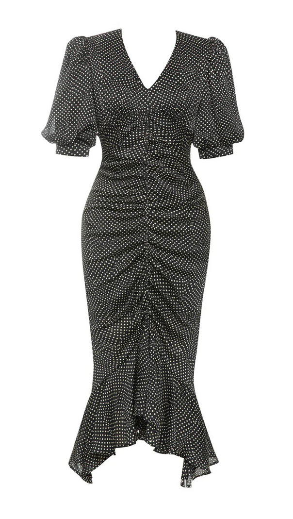 AIIZIE BLACK POLKA DOT PUFF SLEEVE RUCHED RUFFLE HEM DRESS - product image