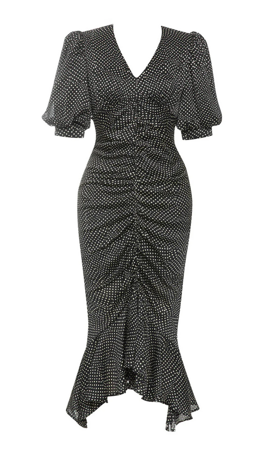BLACK POLKA DOT PUFF SLEEVE RUCHED RUFFLE HEM DRESS