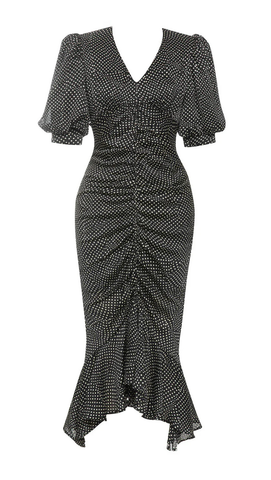 BLACK POLKA DOT PUFF SLEEVE RUCHED RUFFLE HEM DRESS