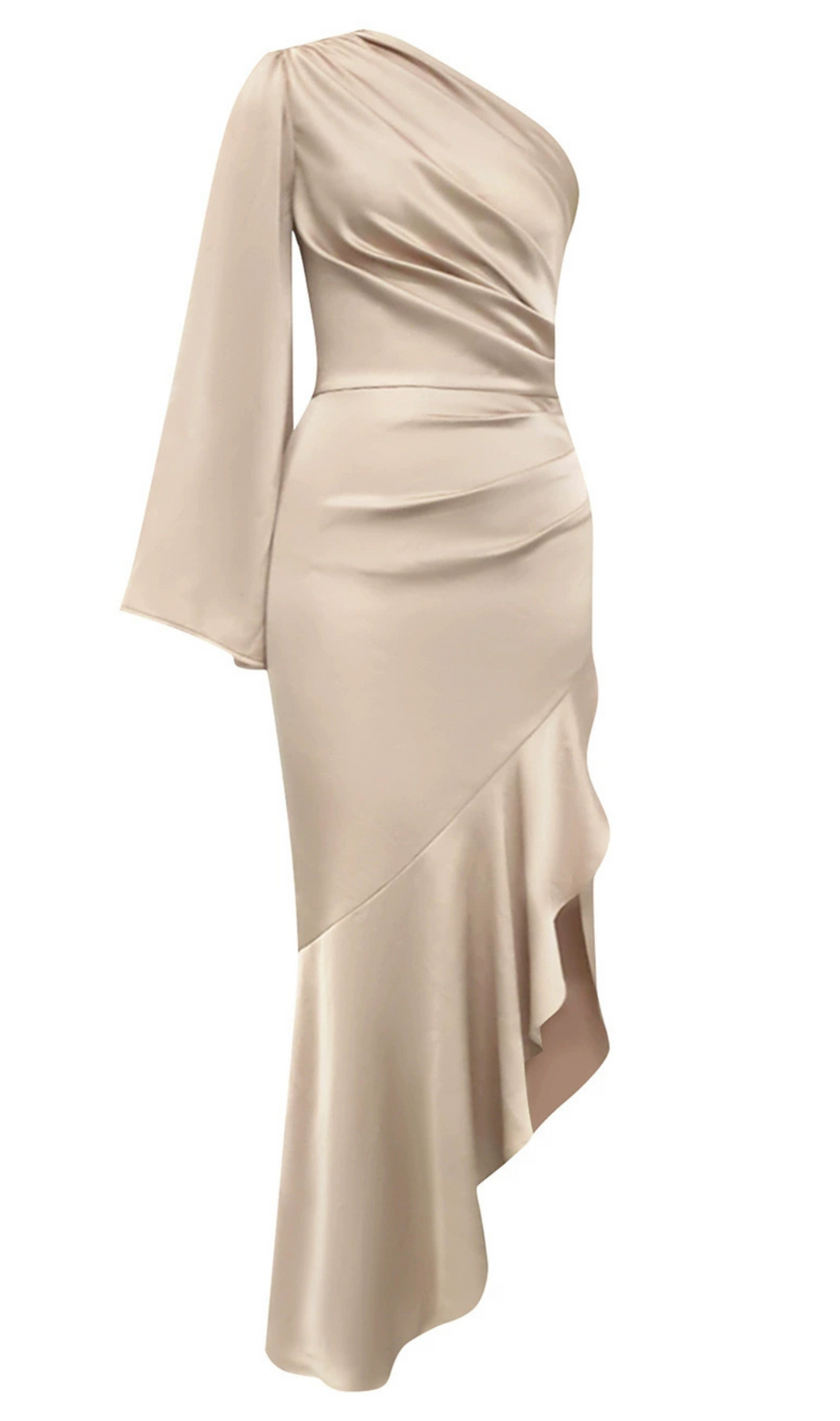 GOLDENES EINSCHULTER-KLEID MIT RÜSCHEN UND ASYMMETRISCHEM SAUM