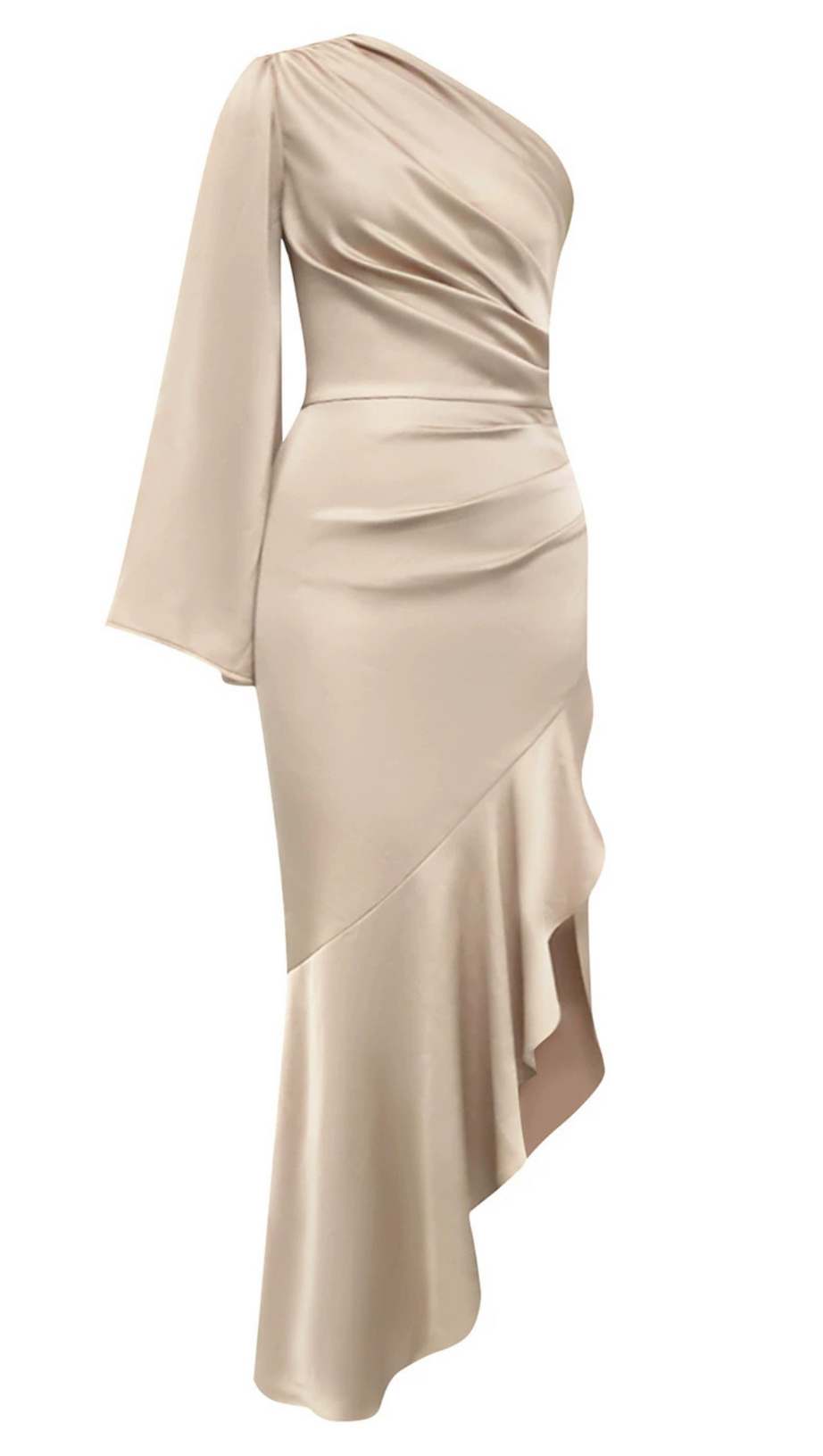 GOLDENES EINSCHULTER-KLEID MIT RÜSCHEN UND ASYMMETRISCHEM SAUM