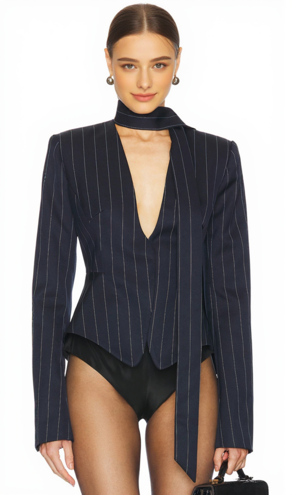 HIBYL PINSTRIPE SCARF BLAZER IN BLACK