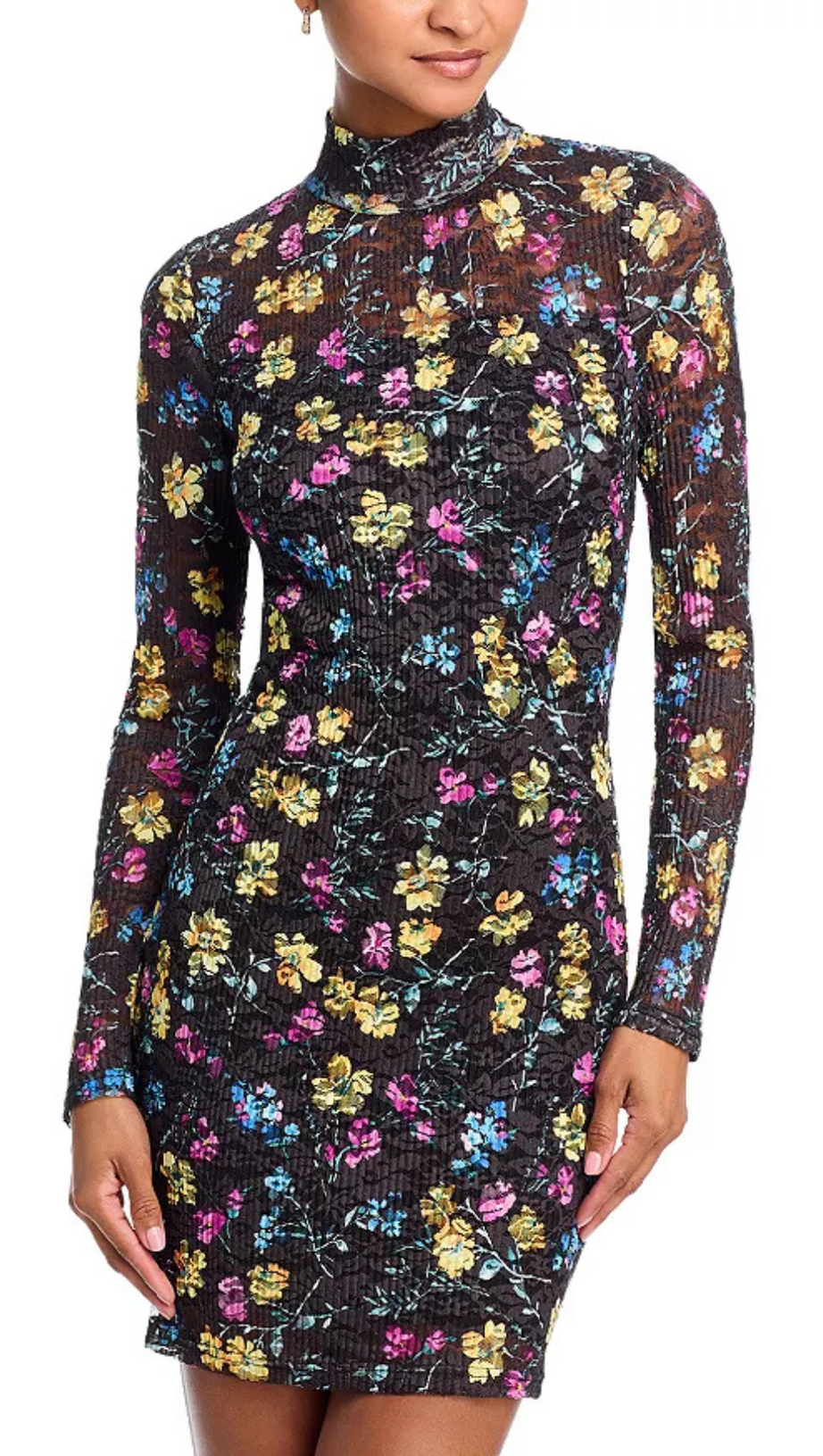 PUCKERED LACE MINI DRESS IN BLACK MULTI