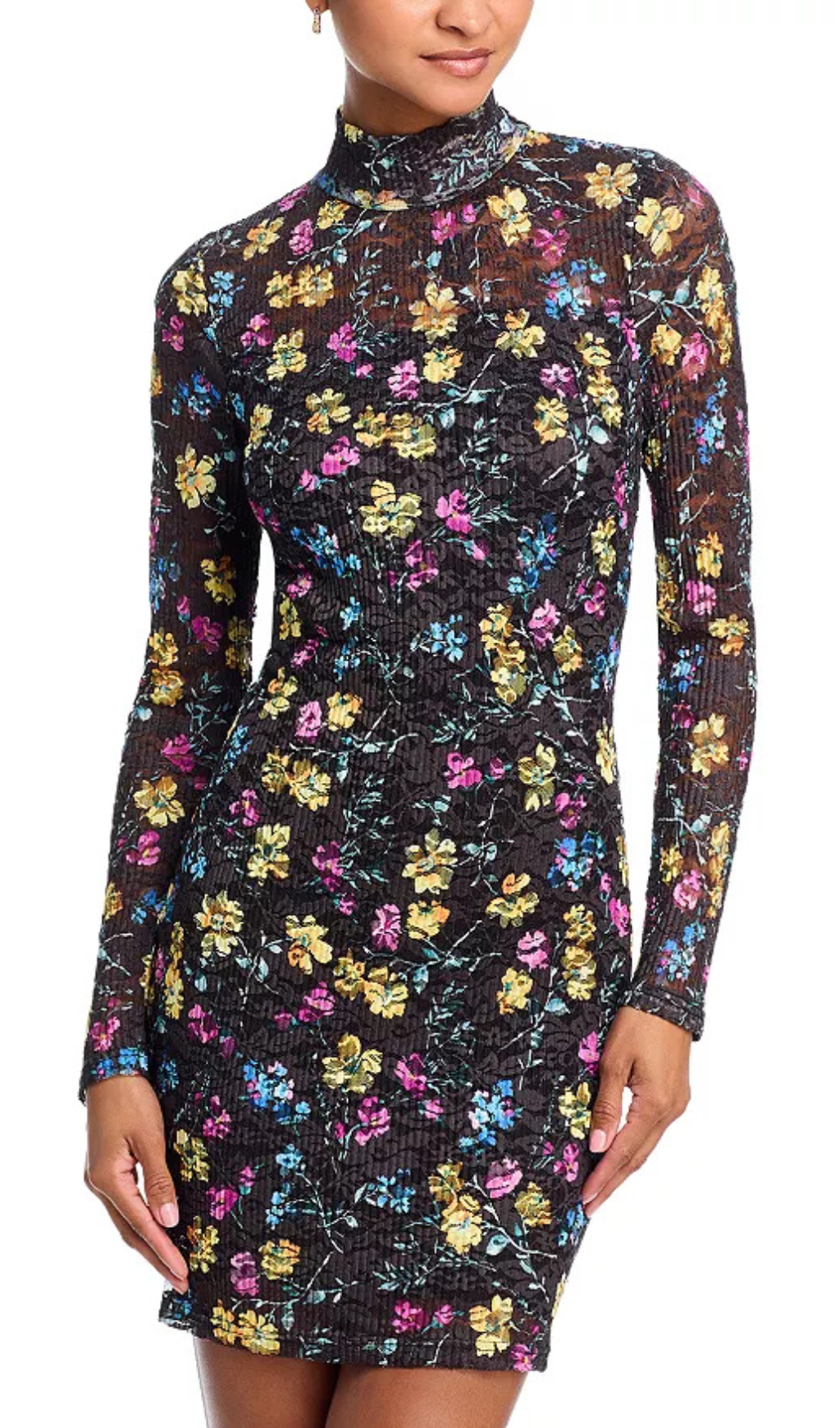 PUCKERED LACE MINI DRESS IN BLACK MULTI