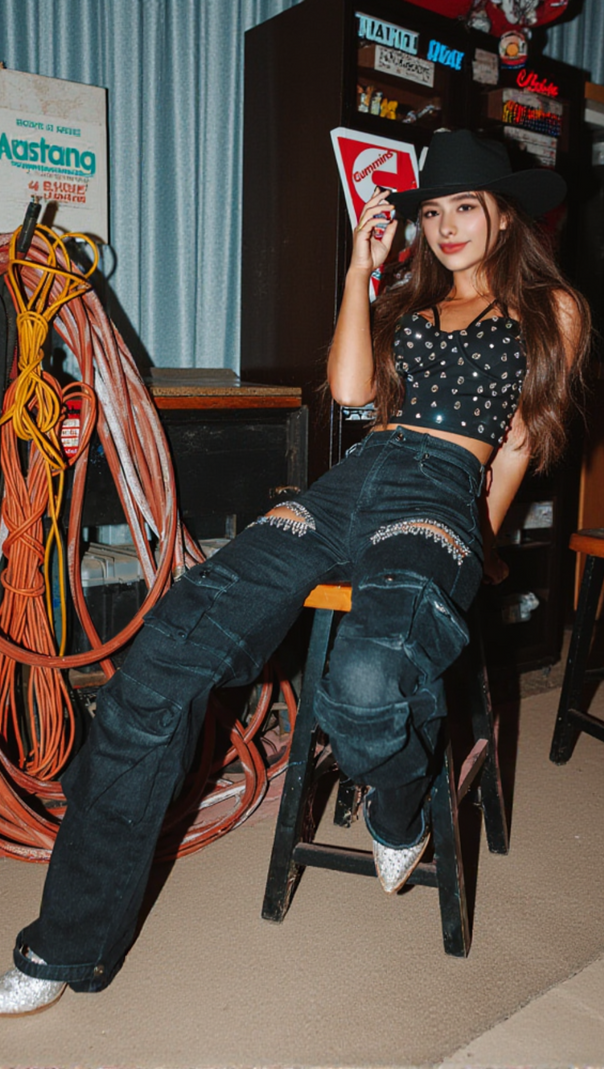 AIIZIE RHINESTONE CUTOUT CARGO JEANS IN BLACK - product image