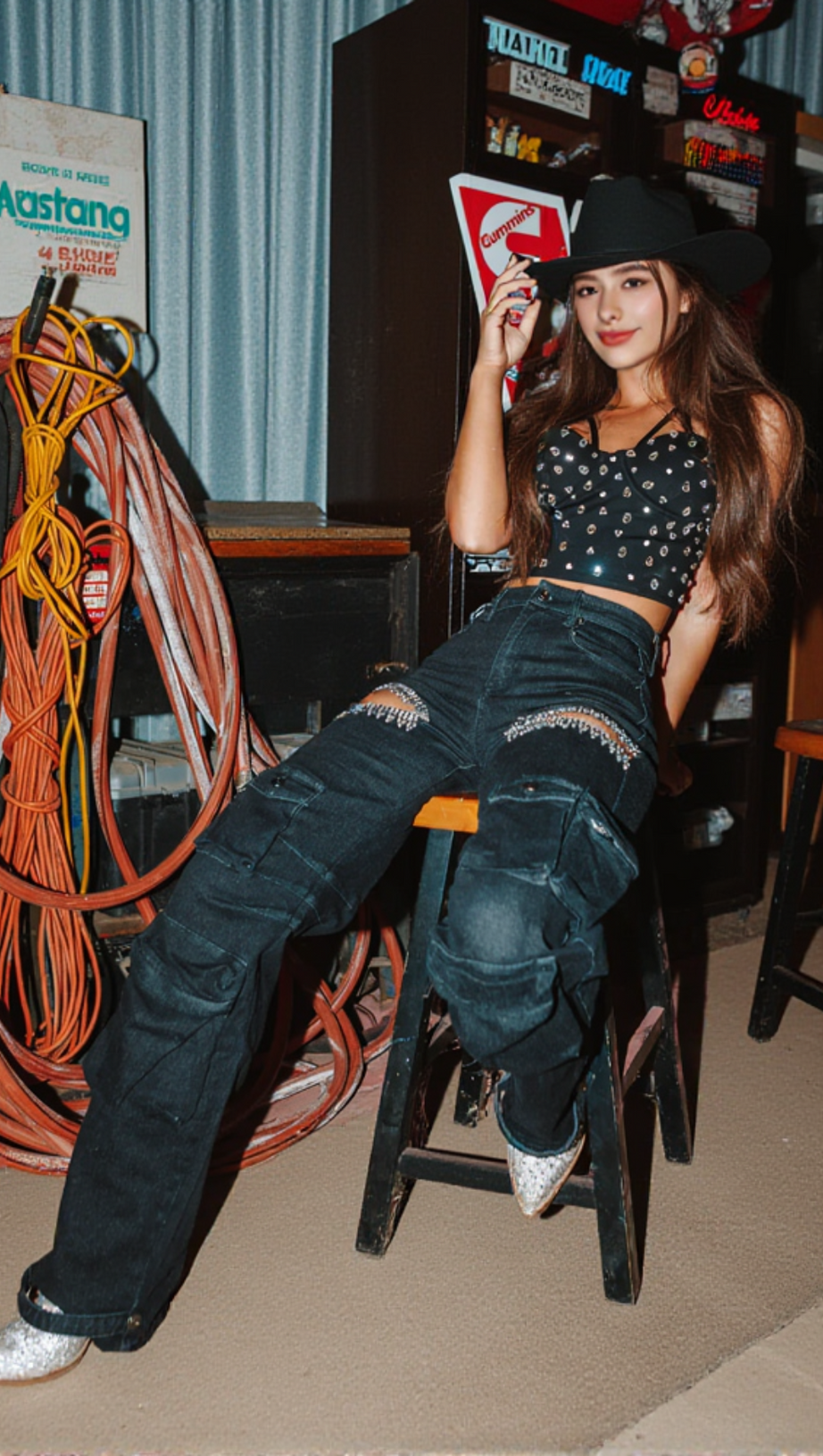 RHINESTONE CUTOUT CARGO JEANS IN BLACK