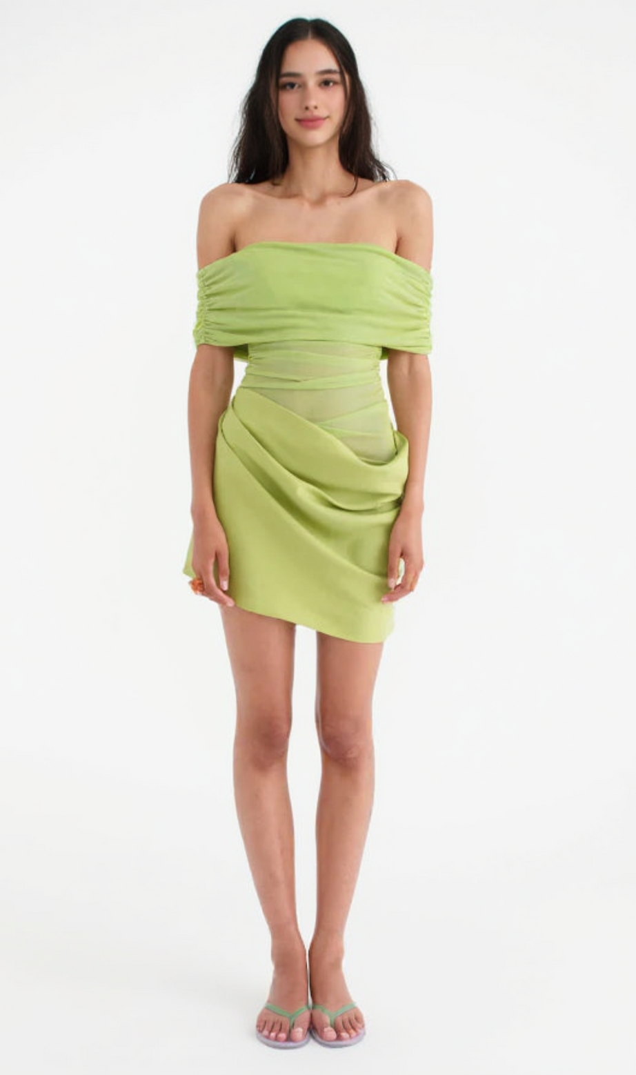 Off Shoulder Ruched Mesh Mini Dress in Green