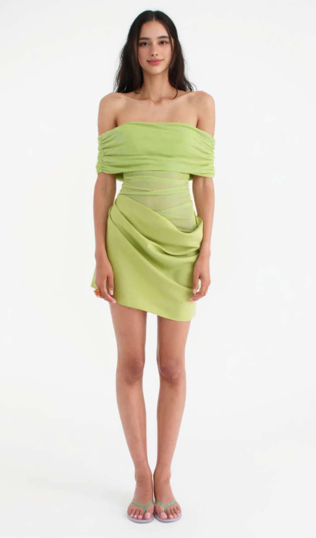 OFF SHOULDER RUCHED MESH MINI DRESS IN GREEN