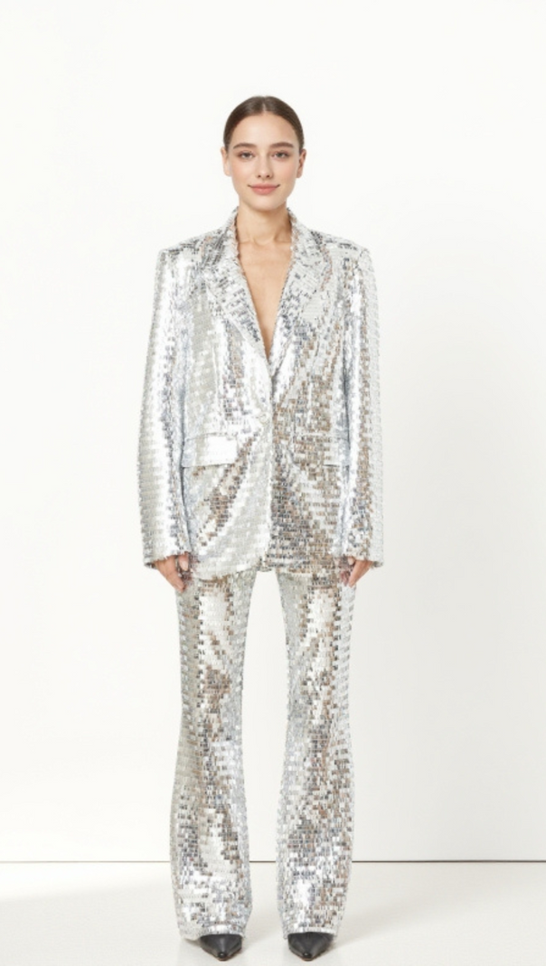 AIIZIE SEQUIN-EMBELLISHED TROUSERS BLAZER SET IN SILVER - product image