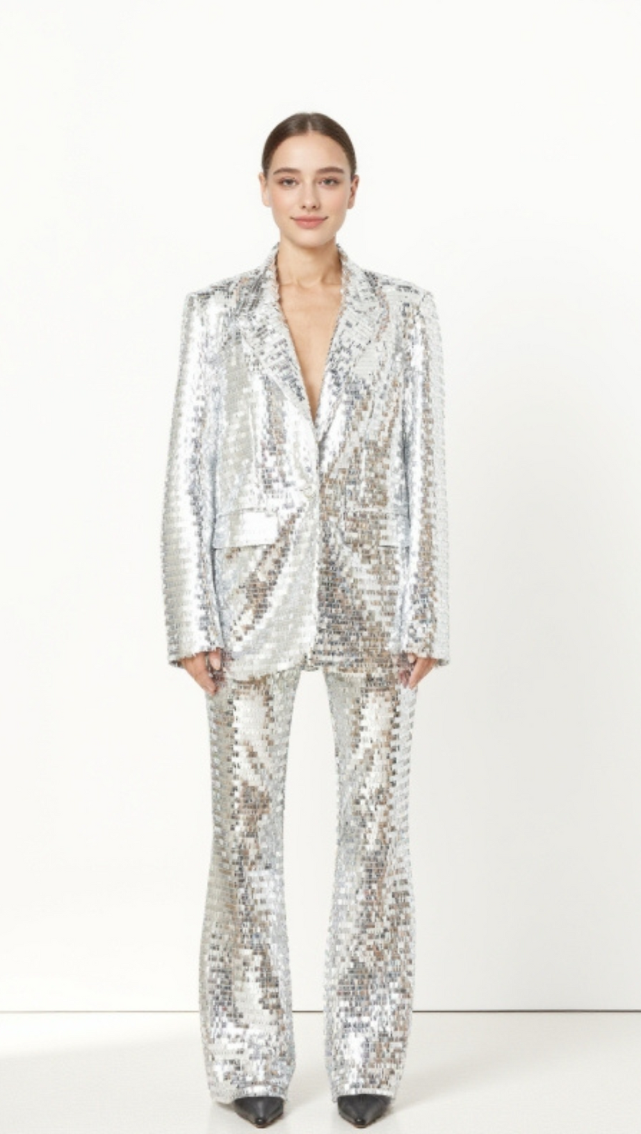 set blazer con pantaloni decorati con paillettes in argento