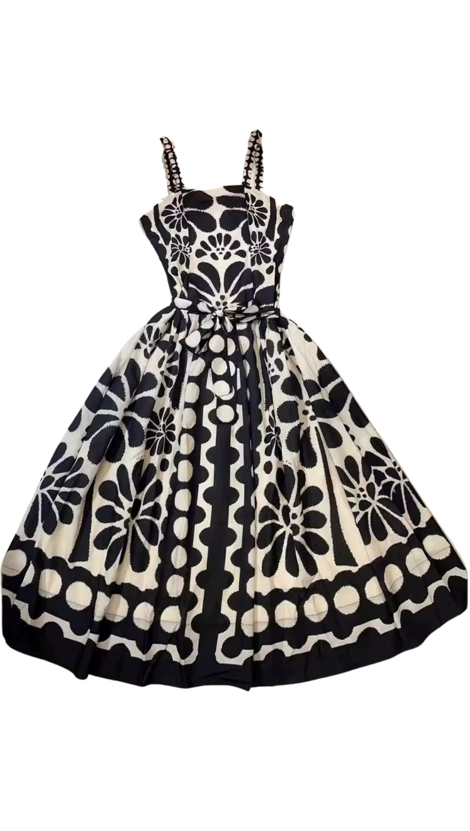 STRAP PRINTED MIDI DRESS IN BLACK