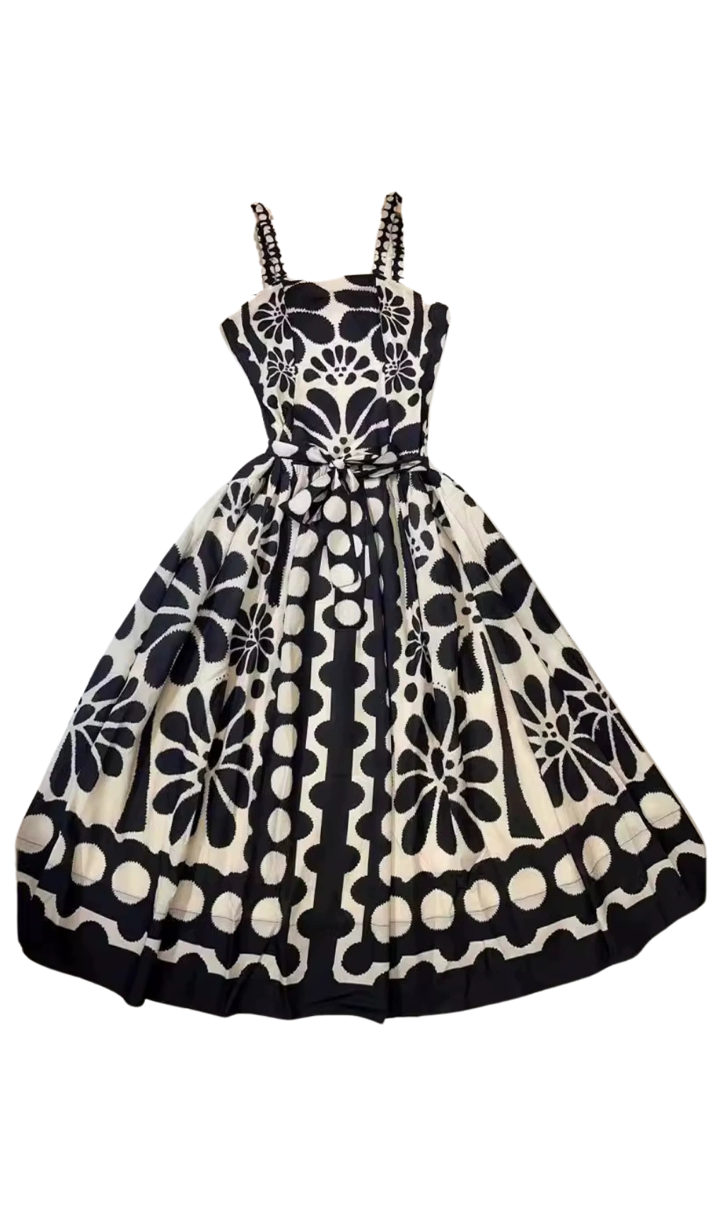 STRAP PRINTED MIDI DRESS IN BLACK