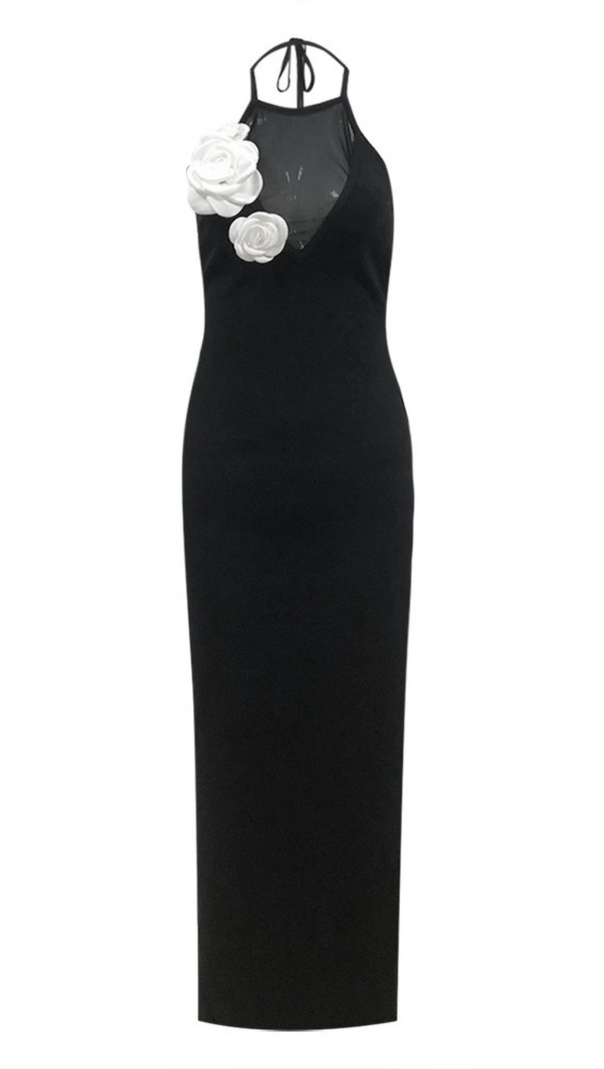 AIIZIE FLOWER EMBELLISHED MESH MAXI DRESS IN BLACK - product image