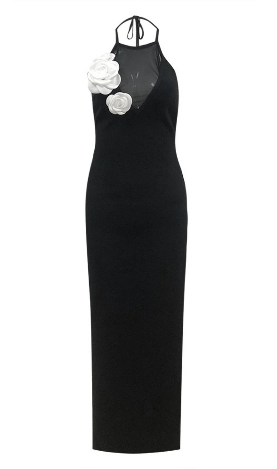 FLOWER EMBELLISHED MESH MAXI DRESS IN BLACK