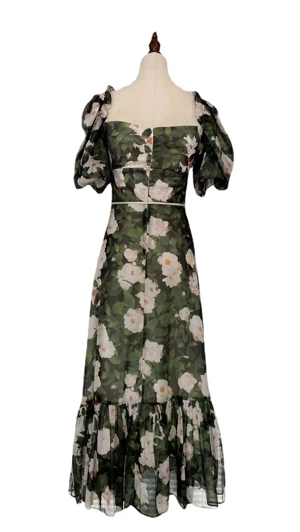 AIIZIE PUFF SLEEVE FLORAL PRINTED MIDI DRESS IN GREEN - product image