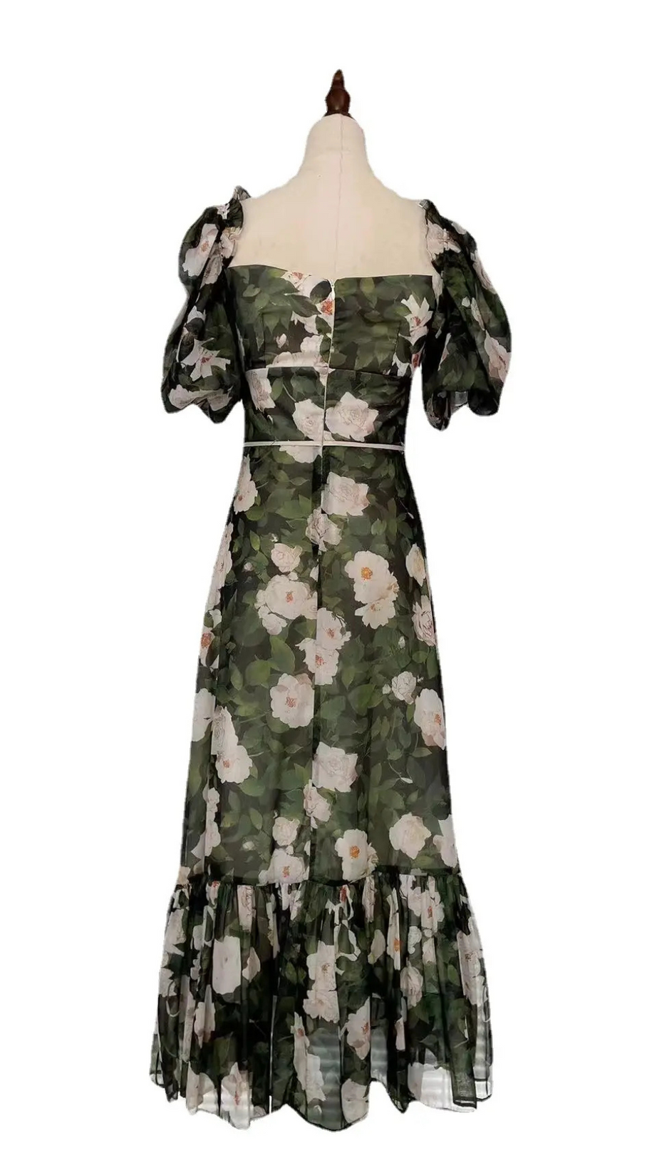 PUFF SLEEVE FLORAL PRINTED MIDI DRESS IN GREEN