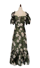 PUFF SLEEVE FLORAL PRINTED MIDI DRESS IN GREEN