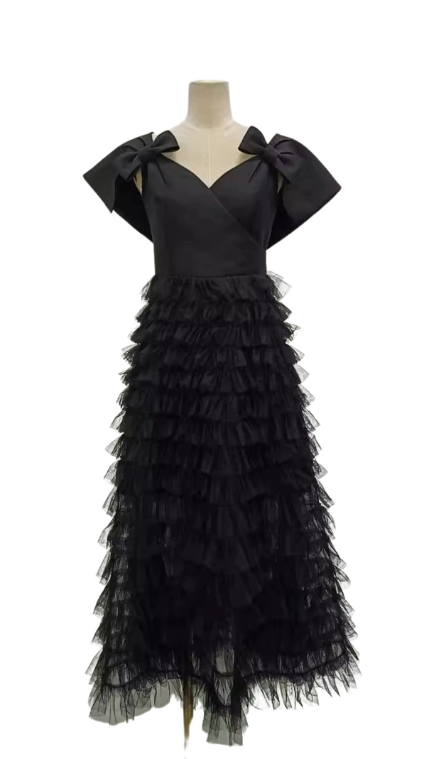 AIIZIE V NECK MESH RUFFLES PATCHWORK BOWKNOT MIDI DRESS - product image