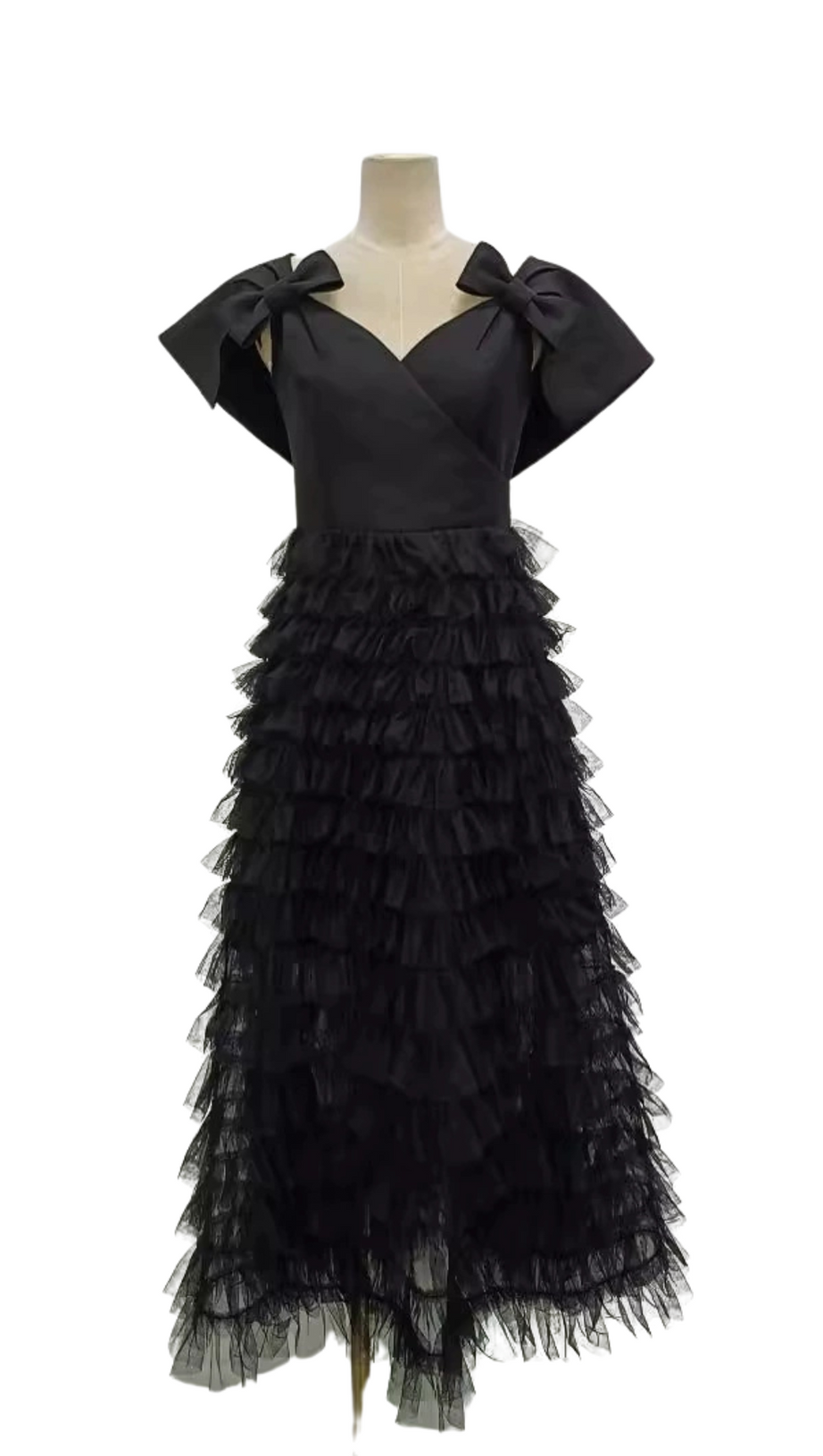 V NECK MESH RUFFLES PATCHWORK BOWKNOT MIDI DRESS