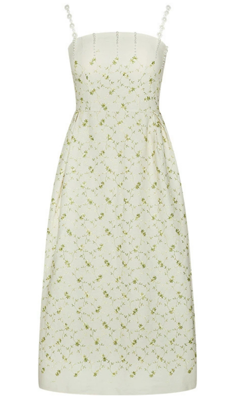 GRÜNES MIDIKLEID MIT PERLTRÄGERN UND DRUCK