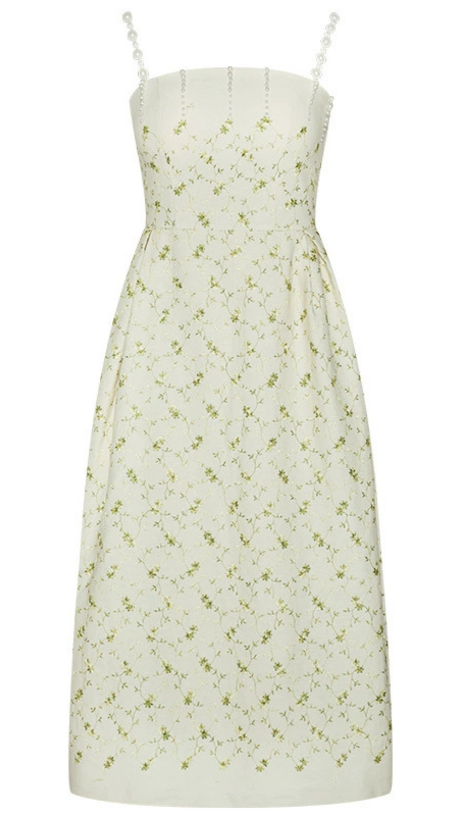 GRÜNES MIDIKLEID MIT PERLTRÄGERN UND DRUCK