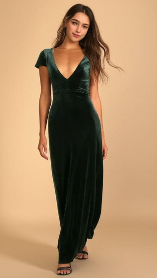 AIIZIE FEELING FLAWLESS EMERALD GREEN VELVET V-NECK MAXI DRESS - product image