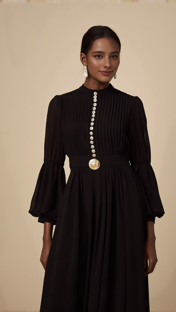 AIIZIE LANTERN SLEEVE SILK MIDI DRESS IN BLACK - product image