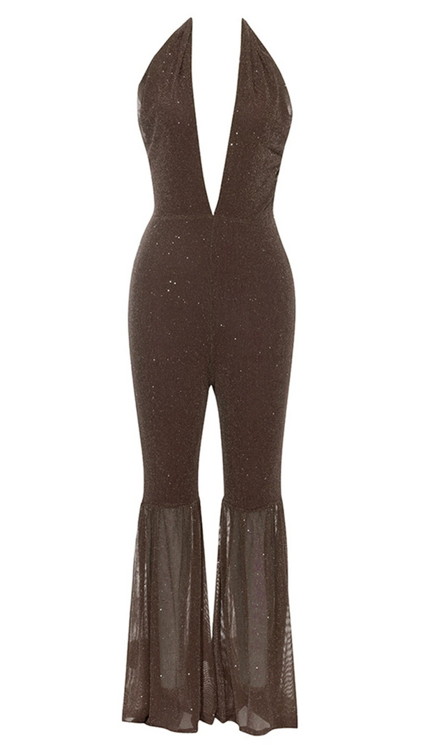 AIIZIE HALTER NECK BACKLESS FLARE LEG JUMPSUIT IN BROWN - product image