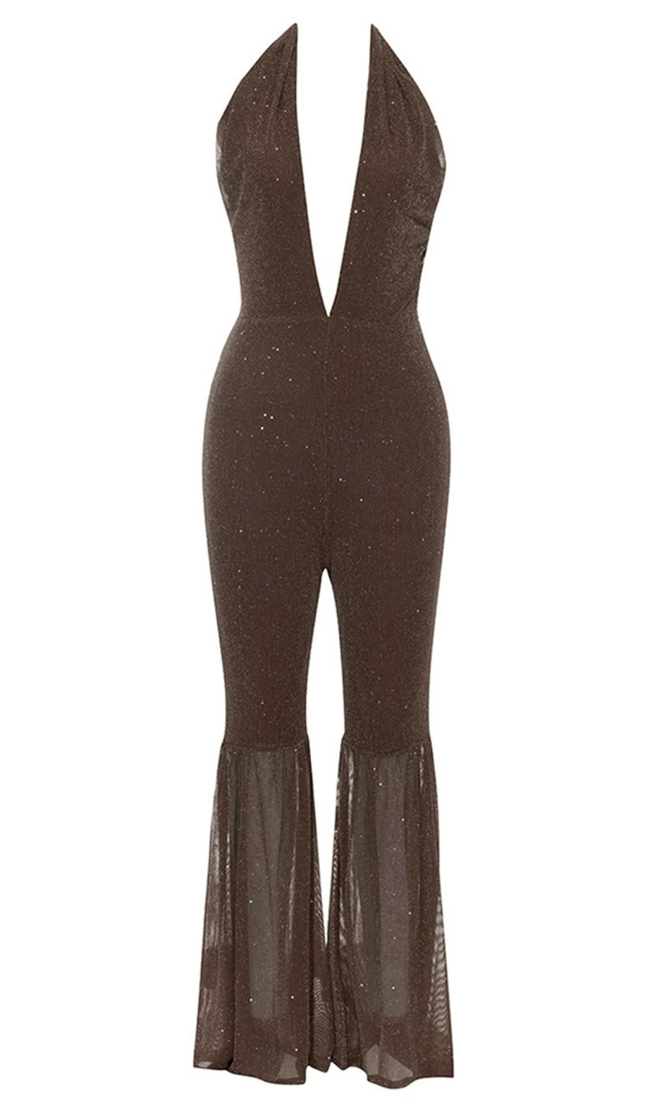 HALTER NECK BACKLESS FLARE LEG JUMPSUIT IN BROWN