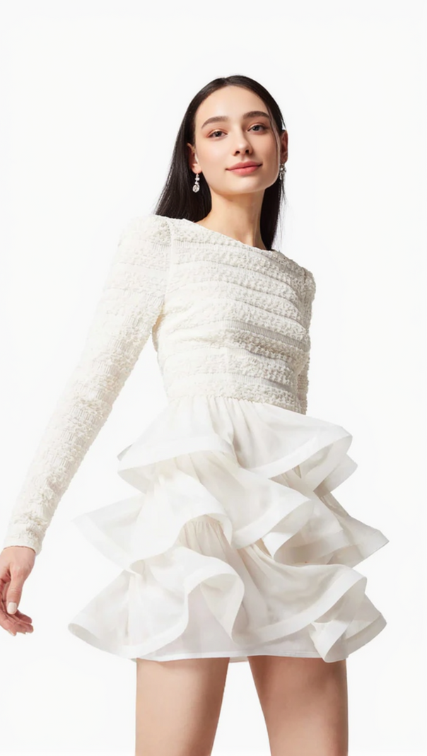 AIIZIE RUFFLE TRIM LONG SLEEVED MINI DRESS IN WHITE - product image
