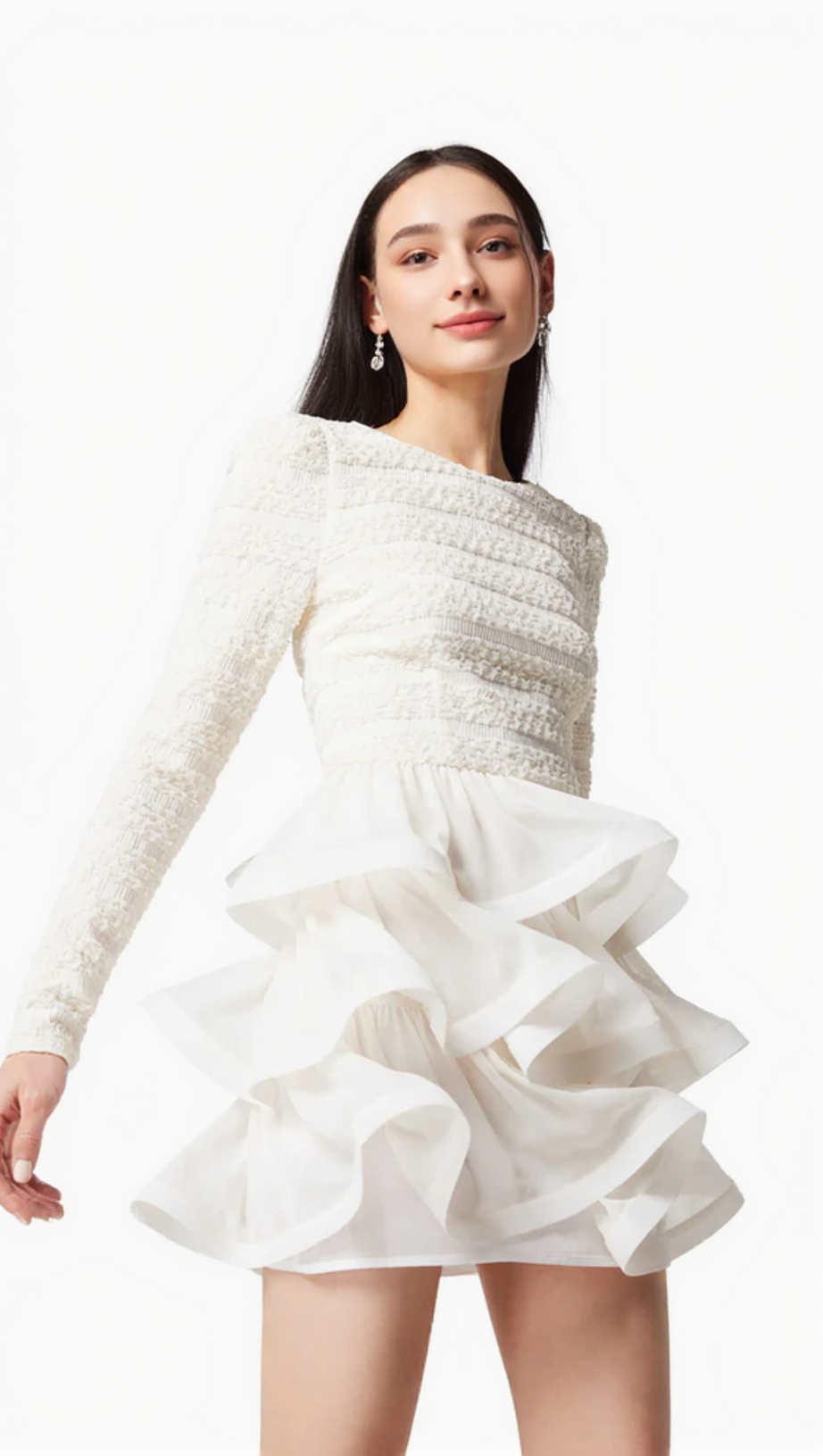 RUFFLE TRIM LONG SLEEVED MINI DRESS IN WHITE