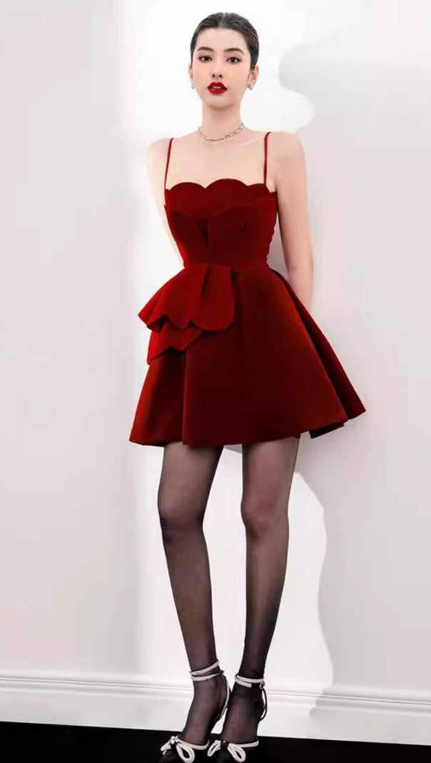 AIIZIE RUCHED TRIM VELVET MINI DRESS IN RUBY RED - product image