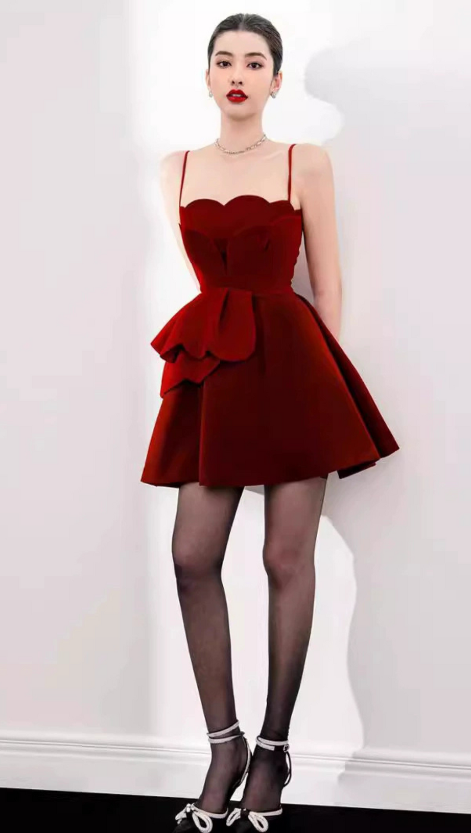 RUCHED TRIM VELVET MINI DRESS IN RUBY RED