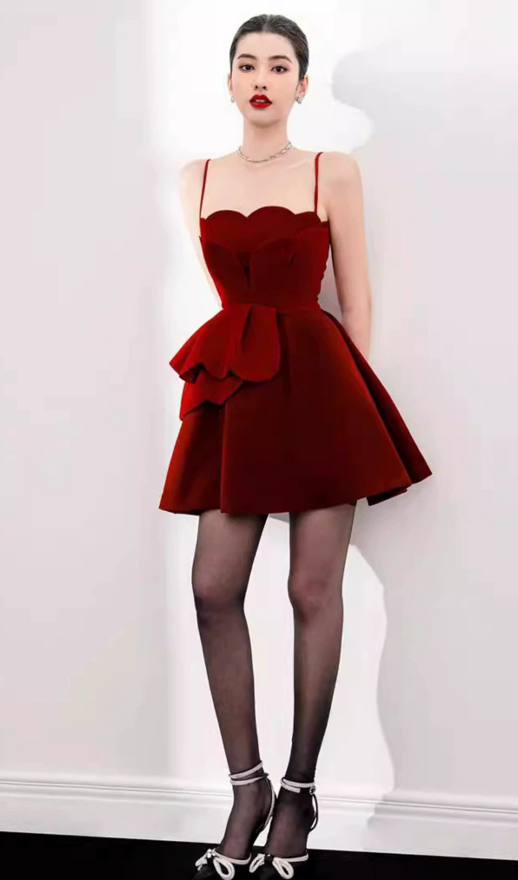 RUCHED TRIM VELVET MINI DRESS IN RUBY RED
