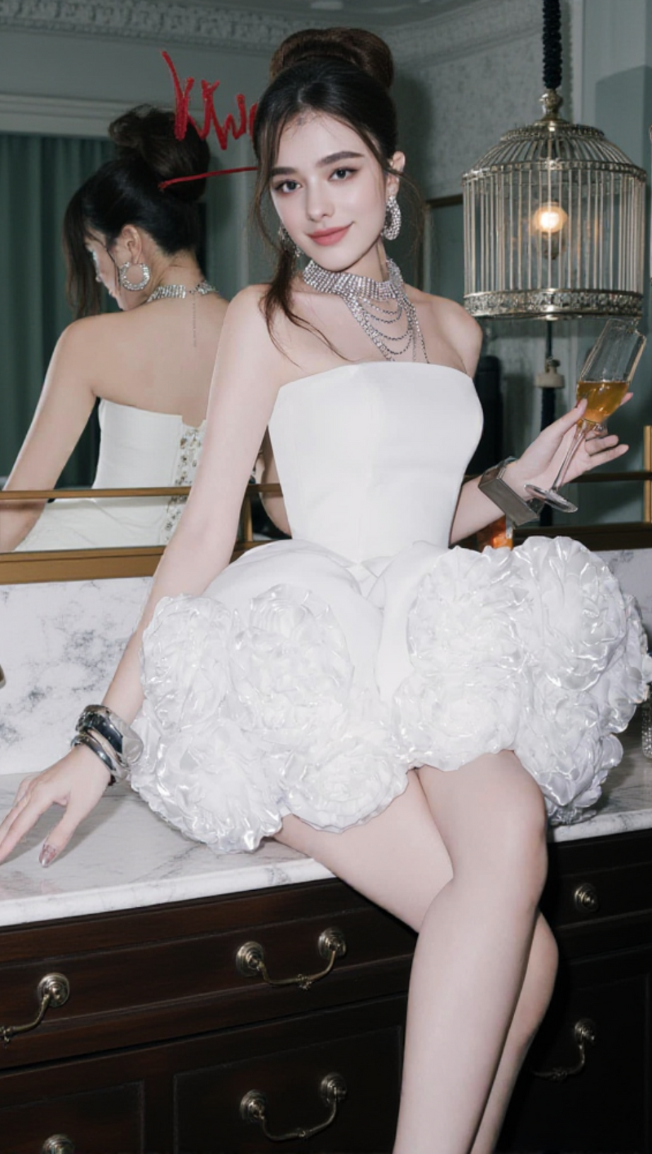 SEBAST FLOWER STRAPLESS VELVET MINI DRESS IN WHITE