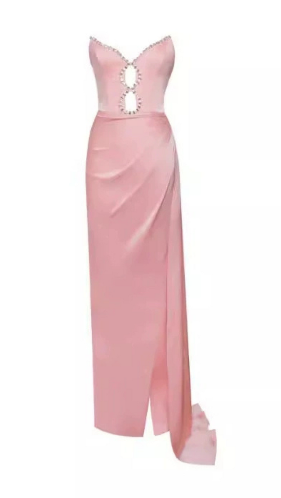 ROSA SATINKLEID MIT HOHEM SCHLITZ UND KRISTALLVERZIERUNG