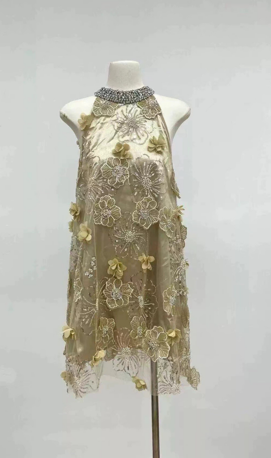 FLOWER EMBELLISHED MESH MINI DRESS