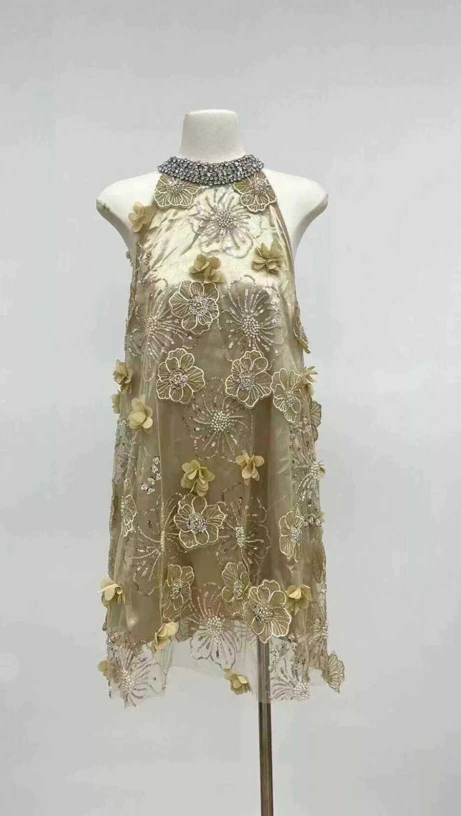 FLOWER EMBELLISHED MESH MINI DRESS