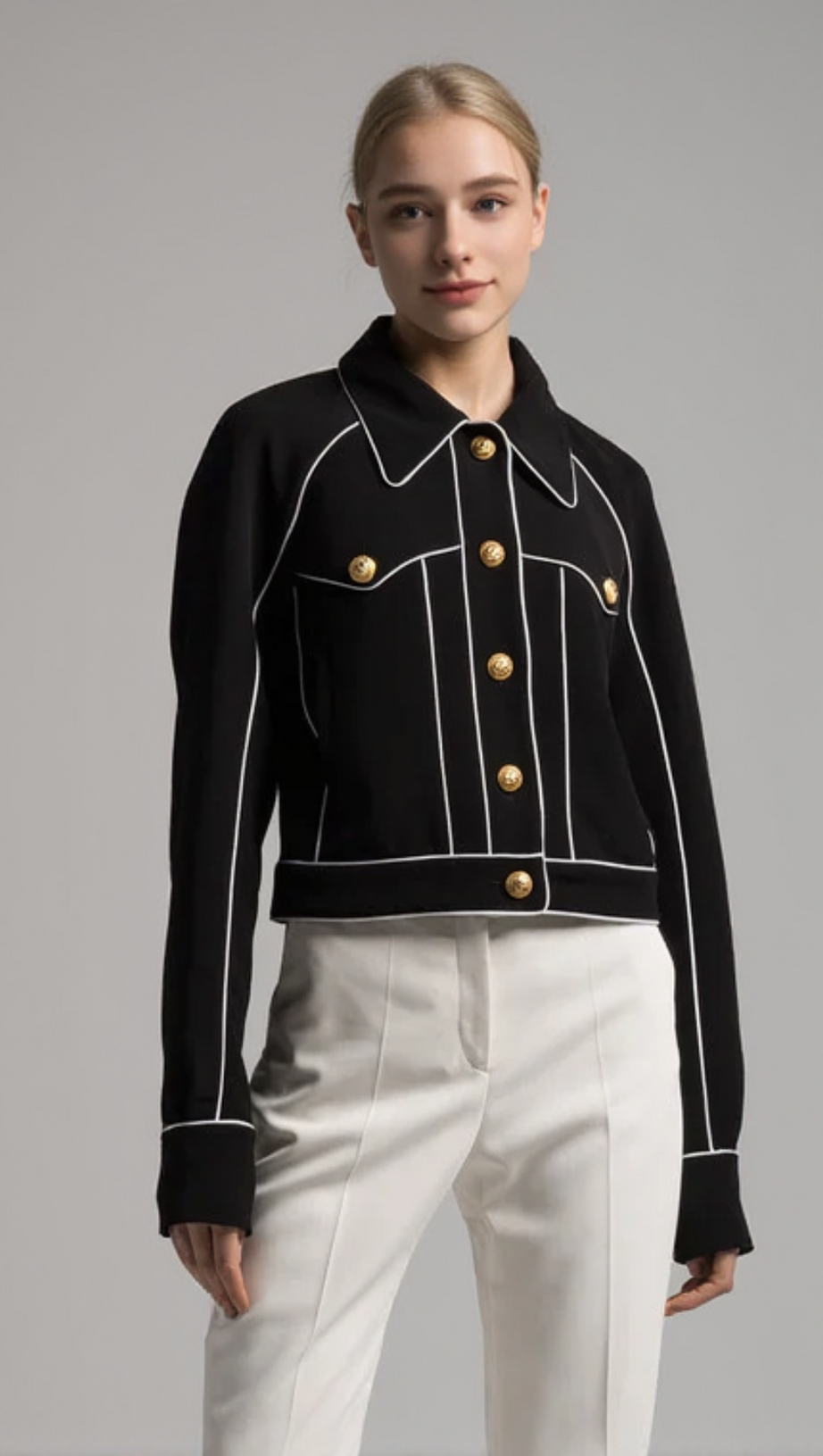 SEVEN-BUTTON BLACK PIPED-TRIM JACKET