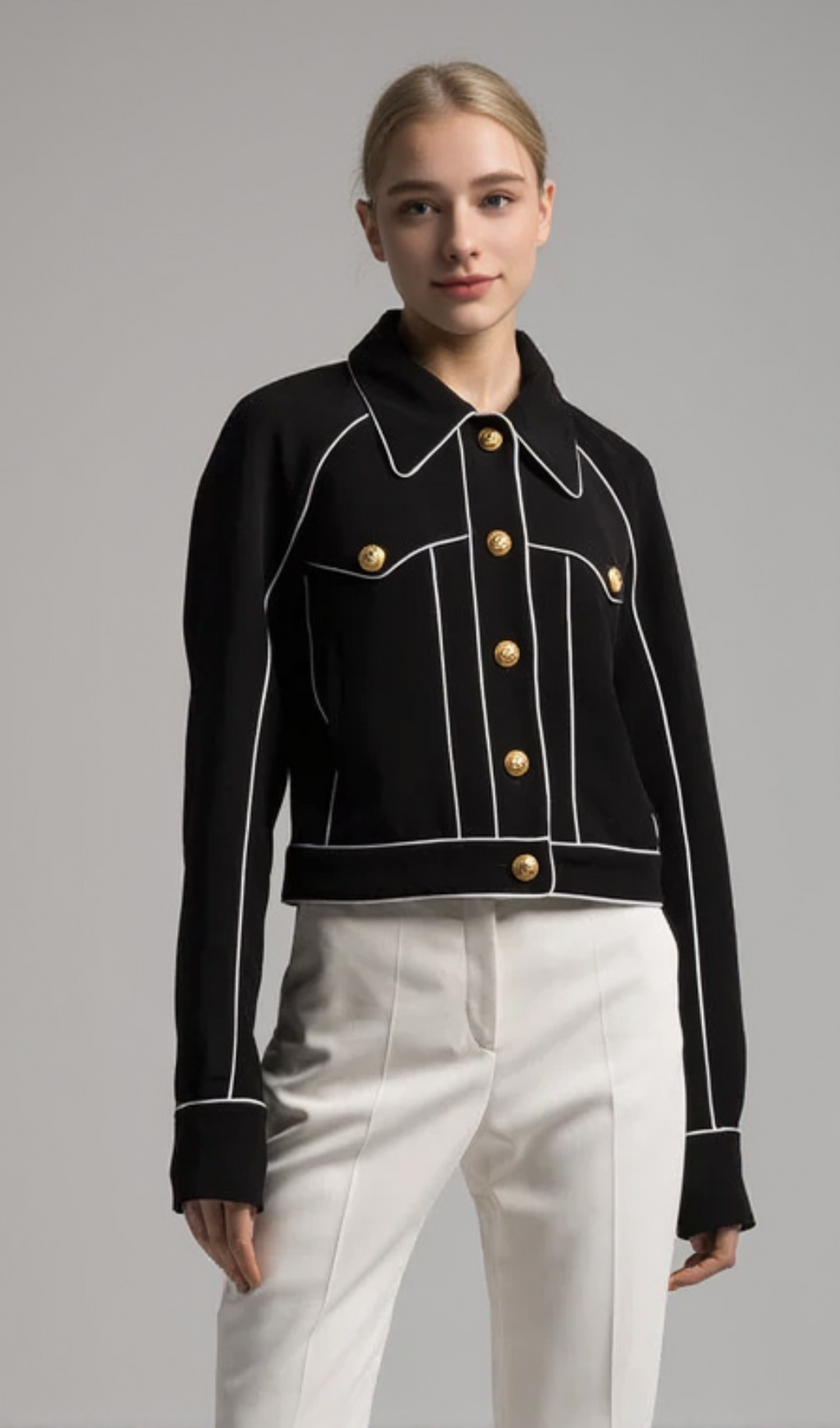 SEVEN-BUTTON BLACK PIPED-TRIM JACKET