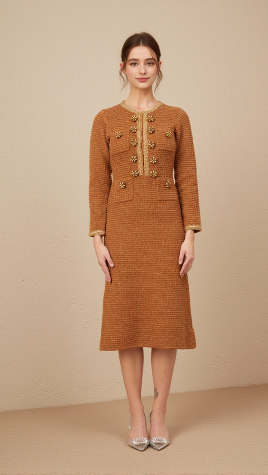 BRAIDED-EDGE TWEED MIDI DRESS IN BROWN