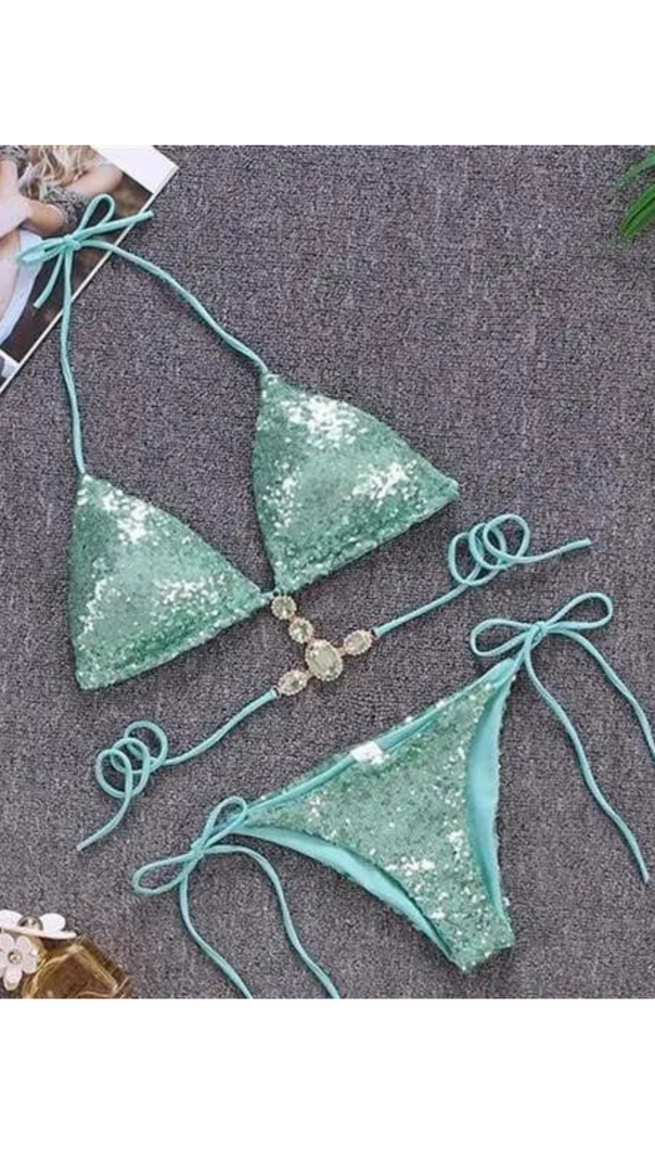 AIIZIE SEQUIN DIAMONATE BIKINI IN GREEN - product image
