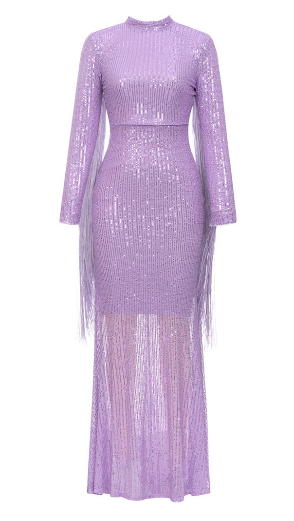 AIIZIE SEQUIN ROUND NECK TASSEL GOWNS IN PALE PURPLE - product image
