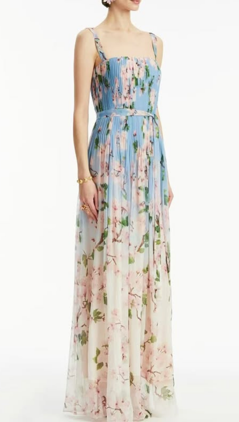 XAVIERA PLEATED SILK CHIFFON GOWN IN BLUE