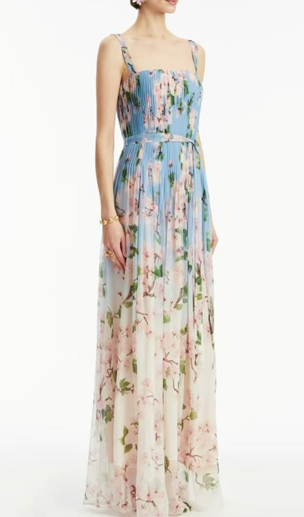 XAVIERA PLEATED SILK CHIFFON GOWN IN BLUE