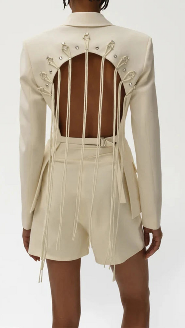 AIIZIE VIENNA CUTOUT FRINGE BACKLESS BLAZER IN APRICOT - product image