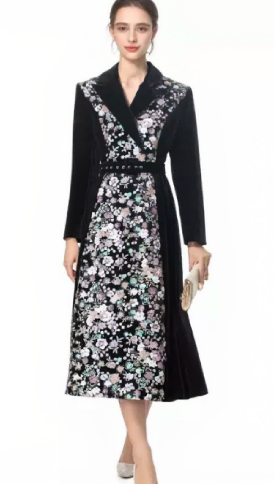 SEQUIN EMBROIDERED VELVET MIDI DRESS IN BLACK